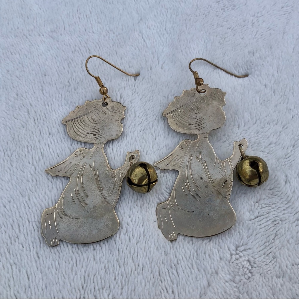 Christmas Vintage Angel Bell earrings Metal Large Gold Silver
